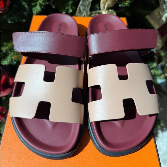 HERMES H CHYPRE ROUGE H BEIGE PERLINO LEATHER SANDALS SHOES FLAT SLIDES 37 NIB - Picture 2 of 15